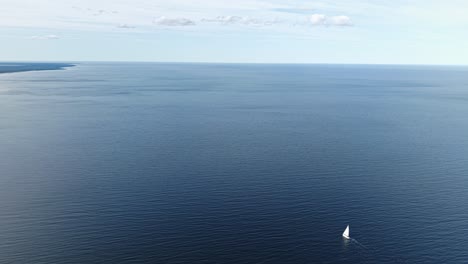 Yacht sails calmly across smooth blue sea under bright sky in a clean wide aerial, abstract space for text in backdrop