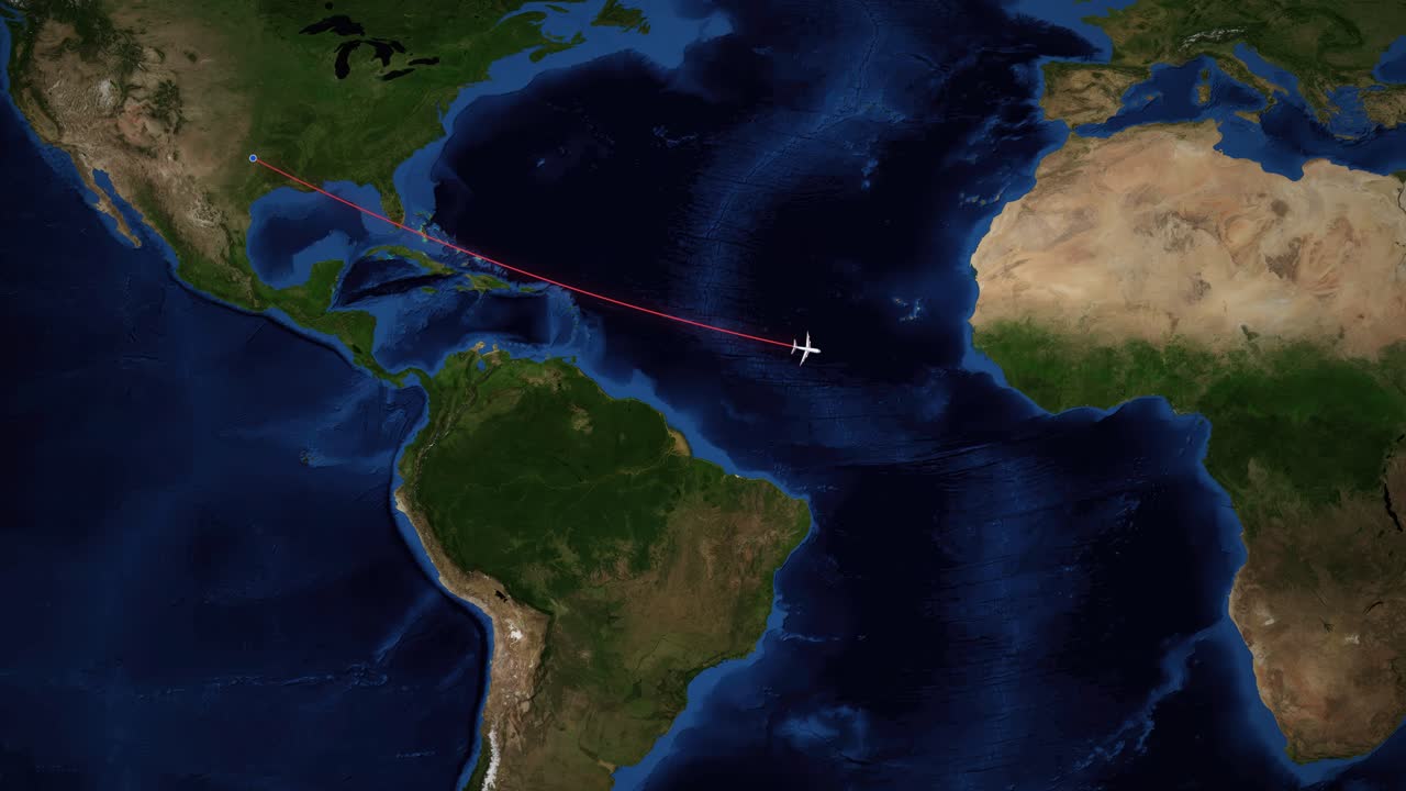 A digital world map tracks an airplane flying from Dallas to Lagos over the ocean