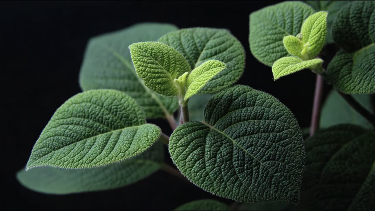 A Close-Up View of Lush Green Leaves Showcasing Vibrant Texture and Fresh Growth Against a Dark Background, Celebrating Nature's Intricate Patterns