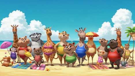 a colorful beach gathering of cartoon animals enjoying a sunny day by the sea, each character showcasing unique swimwear and vibrant personalities under a clear sky