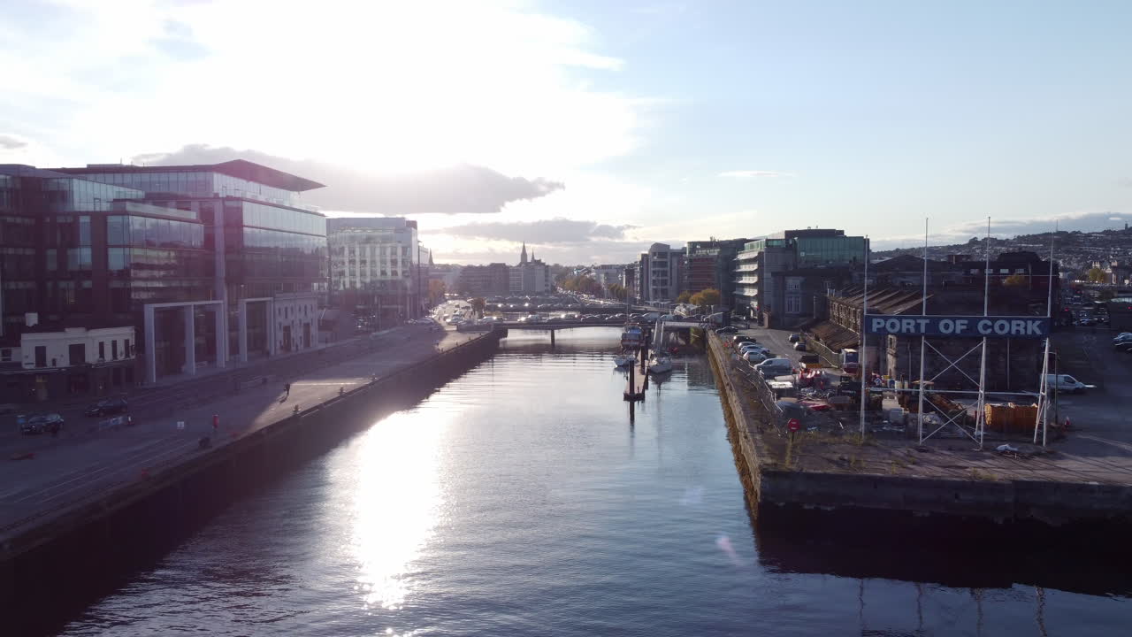 Historic Port Of Cork On River Lee In Cork City, Ireland. drone pullback shot