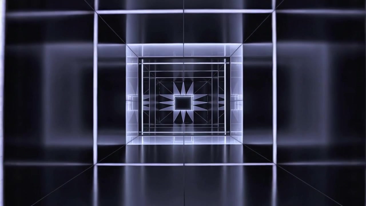 Telecamera in movimento che attraversa un tunnel cubico a specchio, mostrando cornici quadrate annidate e un motivo a stella.