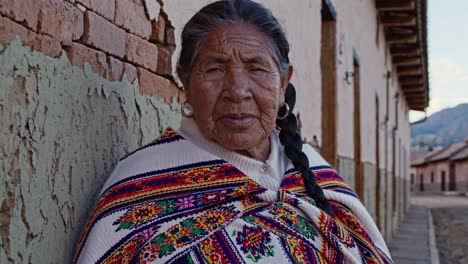 portrait of a serene indigenous elder with traditional clothing and braided hair, standing against a weathered wall in a tranquil village setting, her gaze meeting the viewer's