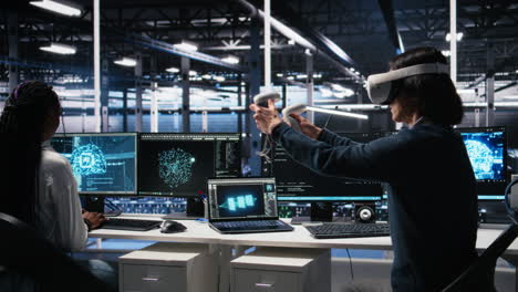 data center engineer using virtual reality, working on neural networks