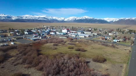 Classic-aerial-shots-over-the-small-Western-town-of-Bridgeport-California-at-the-base-of-the-Sierra-Nevada-Mountains