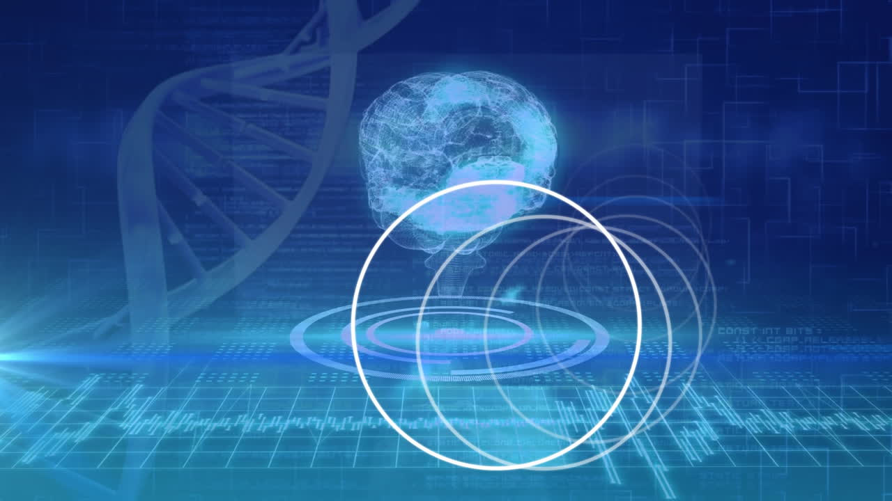 Animation of dna strand spinning, human brain over data processing