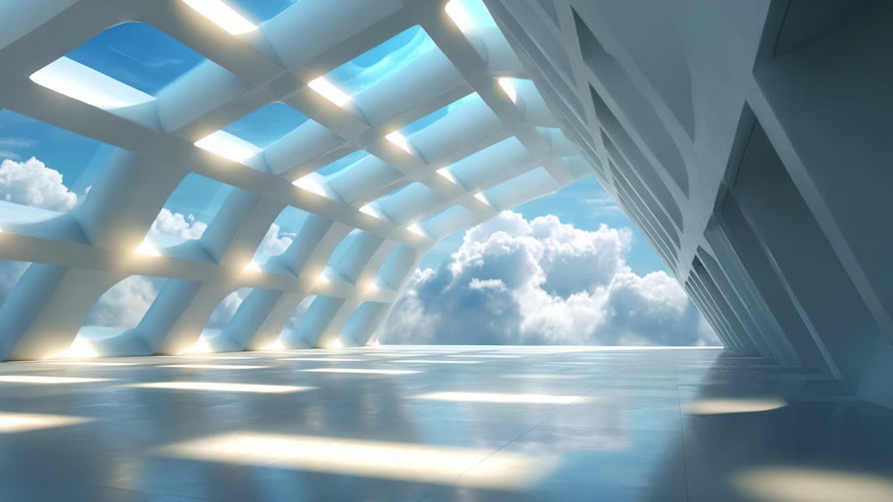 A captivating modern architectural space featuring a stunning combination of structural elegance and cloud-filled skies, showcasing natural light streaming through large windows, perfect for inspiring creativity or contemplation