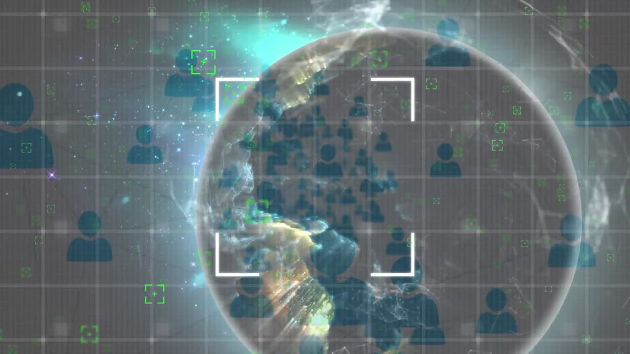 검은 바탕에 전 세계에 있는 아이콘으로 연결된 네트워크의 애니메이션