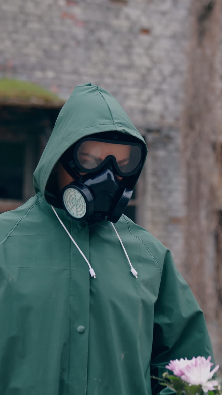 Survivor holding flowers with ruined building background. Person in chemical safety suit and respirator standing with flowers in hands in abandoned place and stretching t to the camera. Vertical video