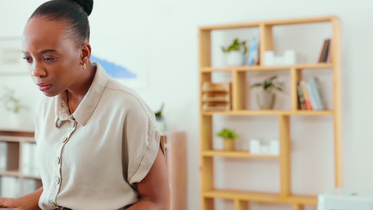 Laptop, tablet and black woman typing in office