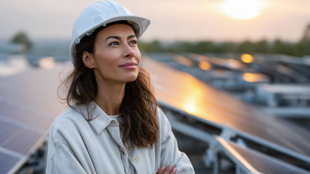 A determined woman in a hard hat gazes thoughtfully at the horizon, where the sun sets over a field of solar panels, embodying hope and progress in the renewable energy sector, symbolizing a sustainable future