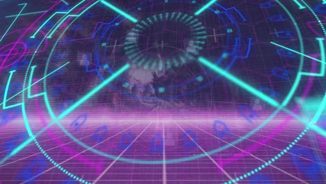 animación del patrón de mandala en círculos sobre iconos de perfil alrededor del globo en el patrón de cuadrícula y el espacio