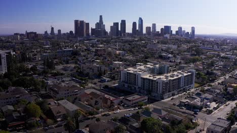 reverse aerial pull-back shot of downtown los angeles