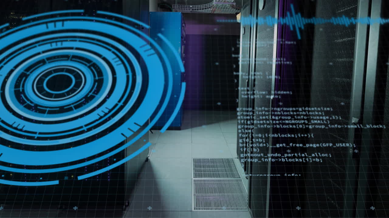 Animation of data processing and scope scanning over server room