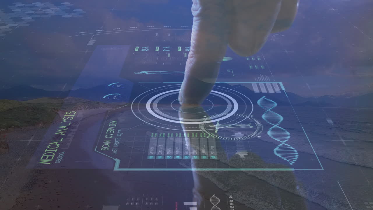 Animation of futuristic DNA analysis interface over landscape in school setting