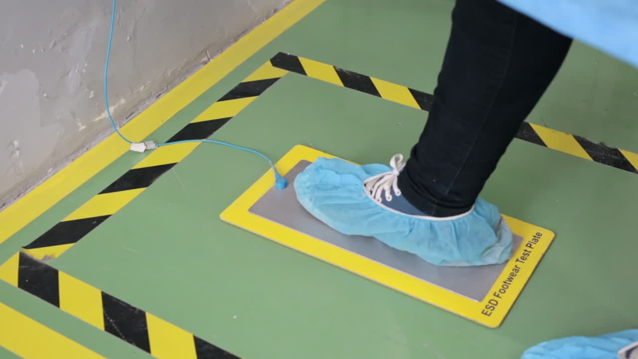 Sensore dissipativo elettrostatico con piastra metallica, per la verifica della scarica elettrica sulle persone calpestandolo con le scarpe.