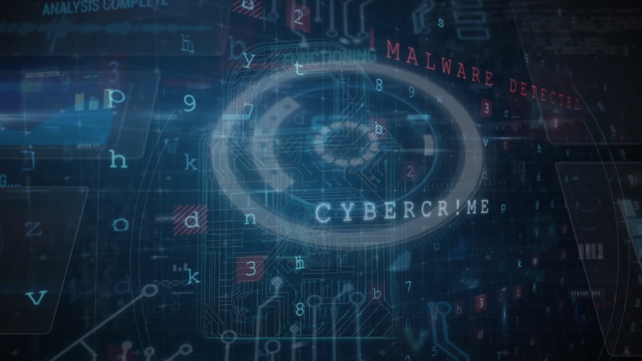 Animation of multiple texts, circuit board pattern in padlock over letters, numbers, symbol, graph