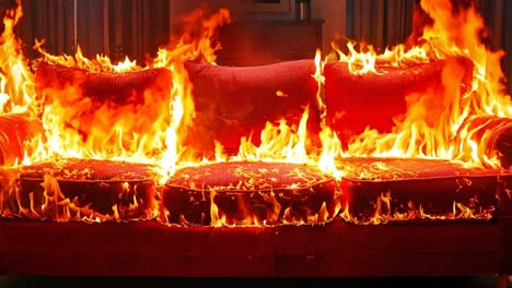 a red couch is engulfed by flames in a living room