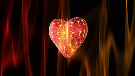 3d lava incandescent glowing heart rotating in loop on background with burning flames