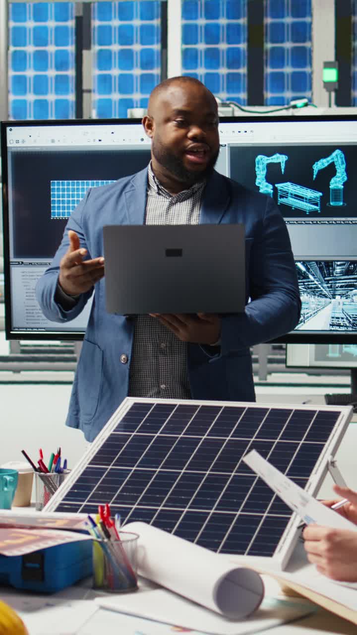 Vertical video Photovoltaics plant researchers conduct performance analysis on solar cells