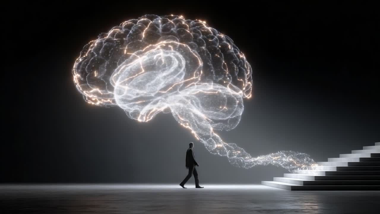 Un viaggio etereo attraverso il pensiero: un'esplorazione visiva della mente umana rappresentata da un cervello luminoso e la sua connessione ai gradini della conoscenza