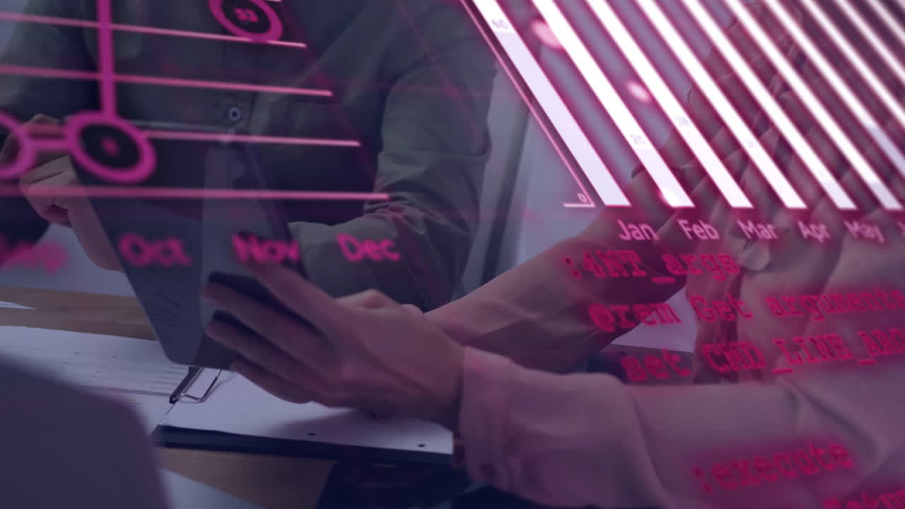 Hands holding tablet with calendar and data processing animation overlay