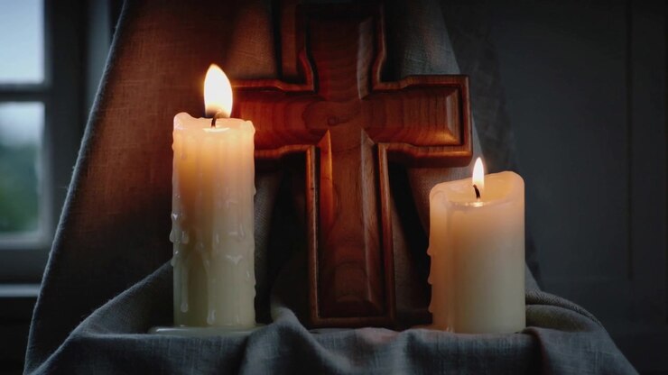 Una corrente d'aria dalla finestra muove le candele che tremolano e gocciolano sul panno, illuminando una croce intagliata per la preghiera.