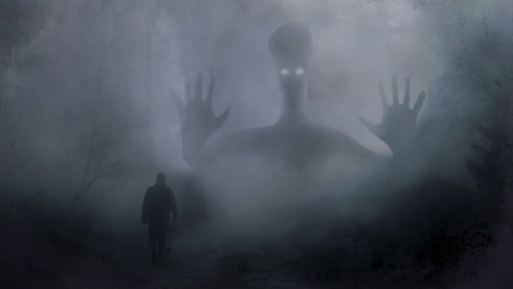 animation of ghost monster appearing out of the fog, person is standing and observing it, spooky and mysterious atmospheric concept