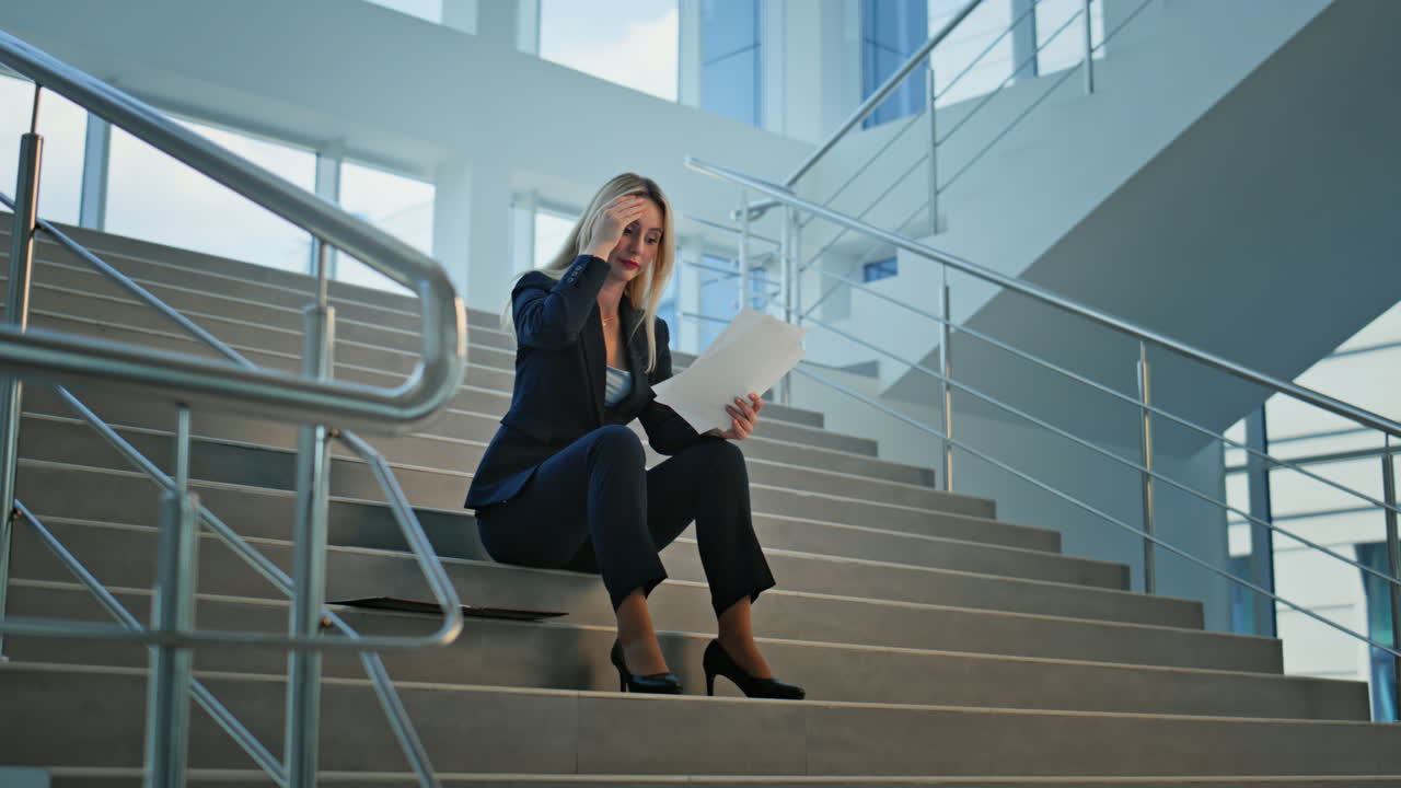 Worried employee reviewing documents sitting on office stairs. Businesswoman