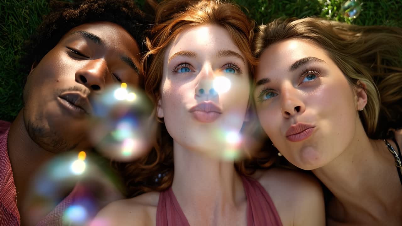 Three friends blow bubbles outdoors, laughing together. Sunlight glints off bubbles floating near their faces. They lie close on grass, eyes closed in joy. Perfect for youth, summer