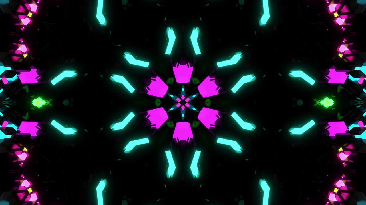 caleidoscopio de neón oscuro con animación de rotación. fondo de bucle oscuro de 4k con patrón simétrico abstracto de luz de neón geométrica 3d. ciencia ficción cyberpunk bg para festivales o conciertos, bucle vj.