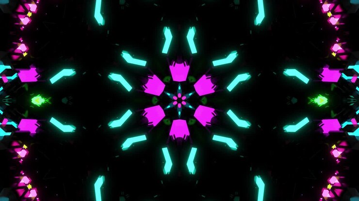 Dark neon kaleidoscope with rotation animation. 4k dark looped background with abstract symmetrical pattern of geometric 3d neon light. Science fiction cyberpunk bg for festivals or concerts, VJ loop.