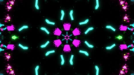 dark neon kaleidoscope with rotation animation. 4k dark looped background with abstract symmetrical pattern of geometric 3d neon light. science fiction cyberpunk bg for festivals or concerts, vj loop.