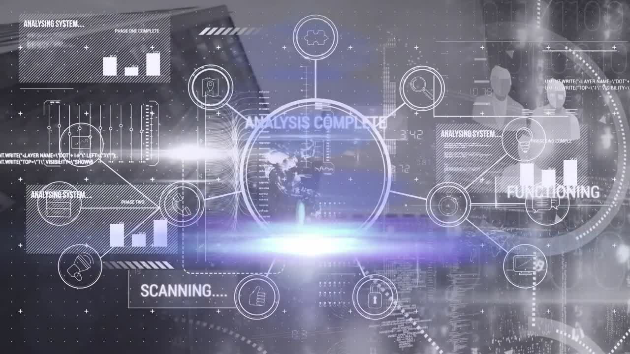 디지털 인터페이스와 데이터 처리 배경에 높은 건물에 대해