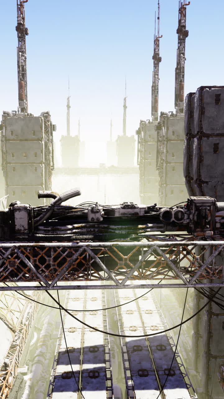 Paesaggio industriale futuristico con strutture imponenti e dettagli complessi
