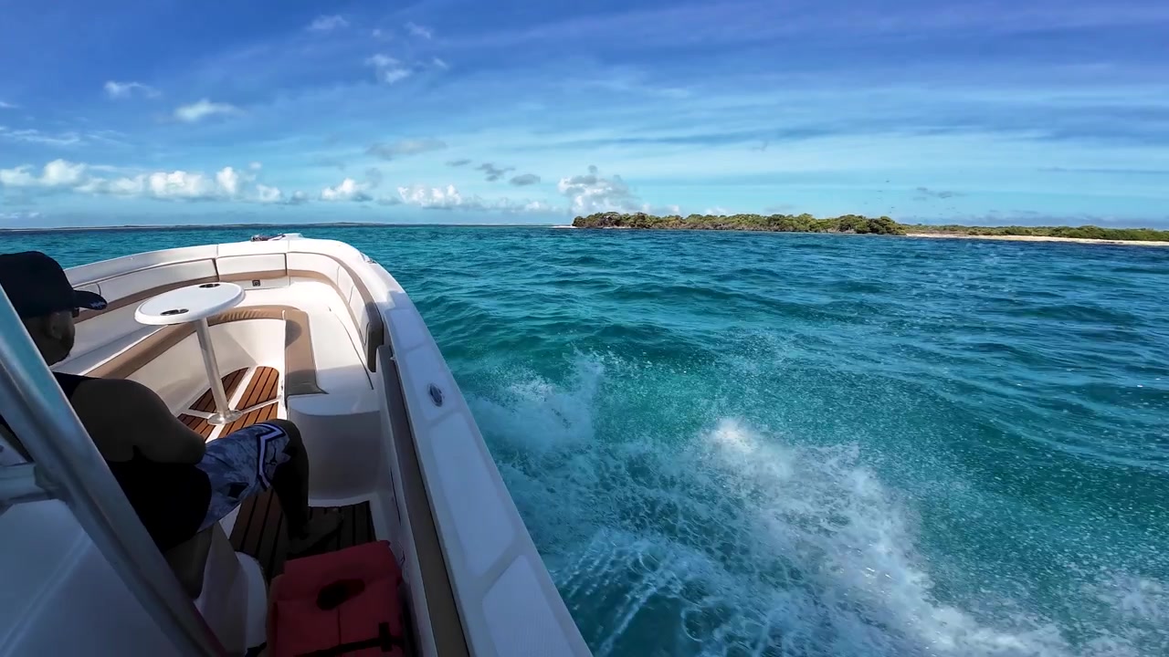 Siente la emoción de la brisa caribeña en una lancha rápida navegando hacia un cayo virgen de arena blanca en un paraíso tropical.