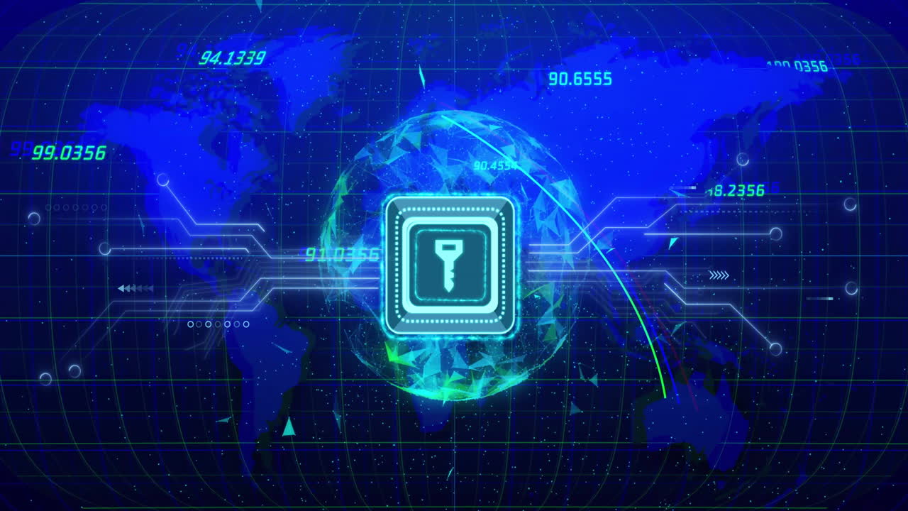 Animation of padlock icon and data processing over globe