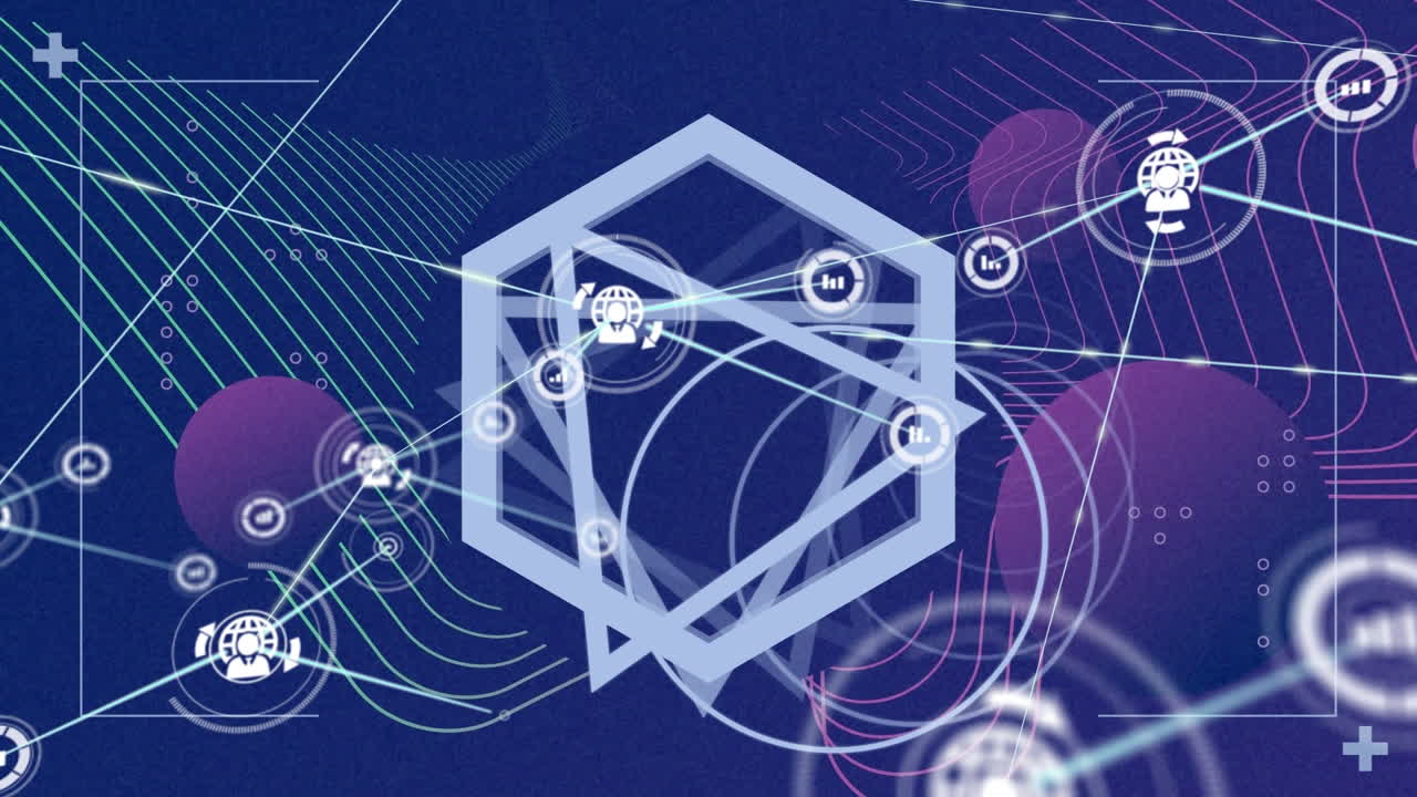 삼각형과 기하학적 그림 위의 아이콘으로 연결 네트워크의 애니메이션