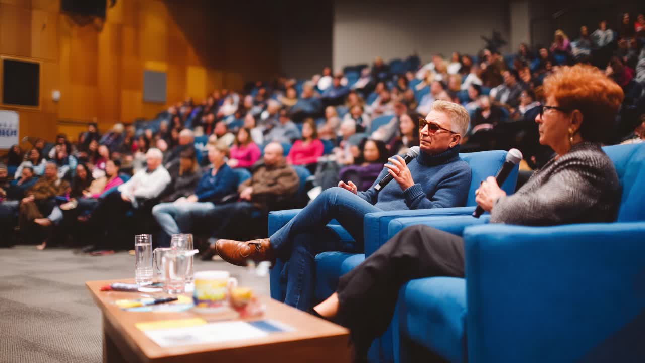 Discussione Coinvolgente sul Palco: Una Conversazione Accattivante con Leader di Pensiero in un Contesto di Pubblico Attento.