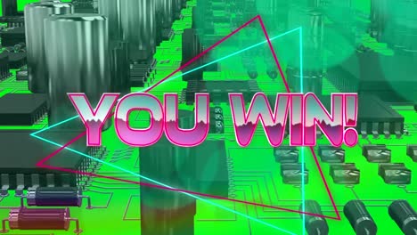 Animation-of-pink-metallic-text-you-win,-over-neon-lines,-on-green-computer-motherboard