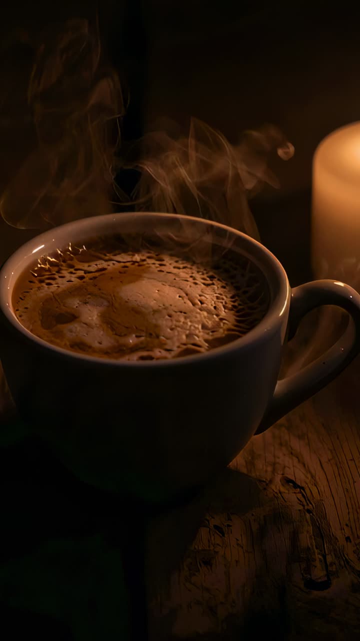 Vertical video: Sending curling steam, ceramic cup heating air on wood table, pillar candle glowing