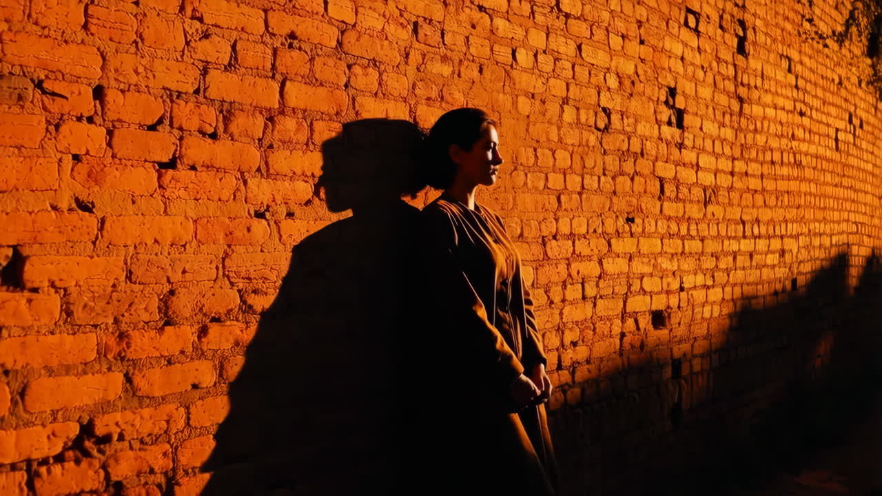 Woman standing next to a brick wall