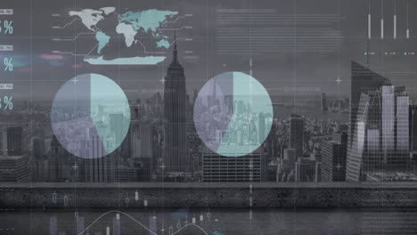 animación del procesamiento de datos estadísticos a través de la red de cuadrícula frente a una vista aérea del paisaje urbano