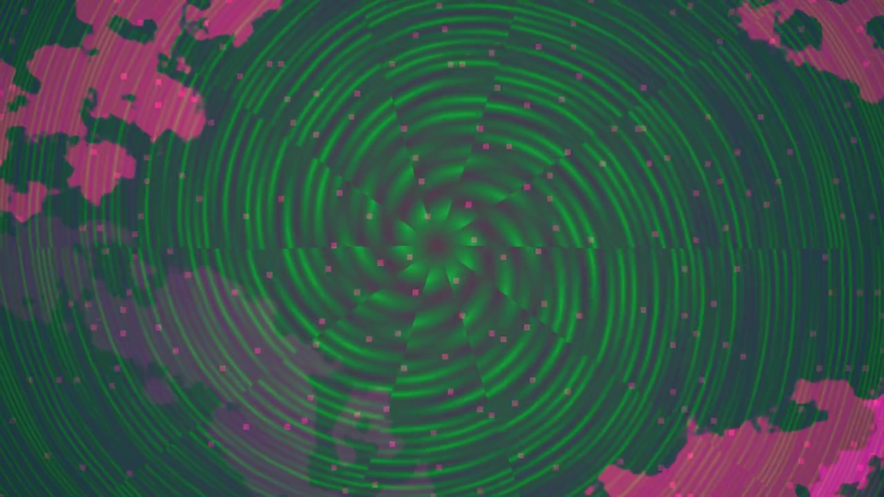 Abstract Digital Spiral Animation with Pulsing Pink and Green Patterns