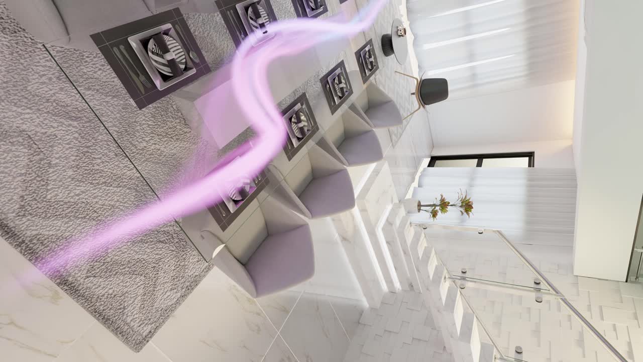 식당 내부 디자인의 수직 모션 그래픽 일러스트레이션, 테이블과 의자를 따라 회전하는 빛 에너지 흐름