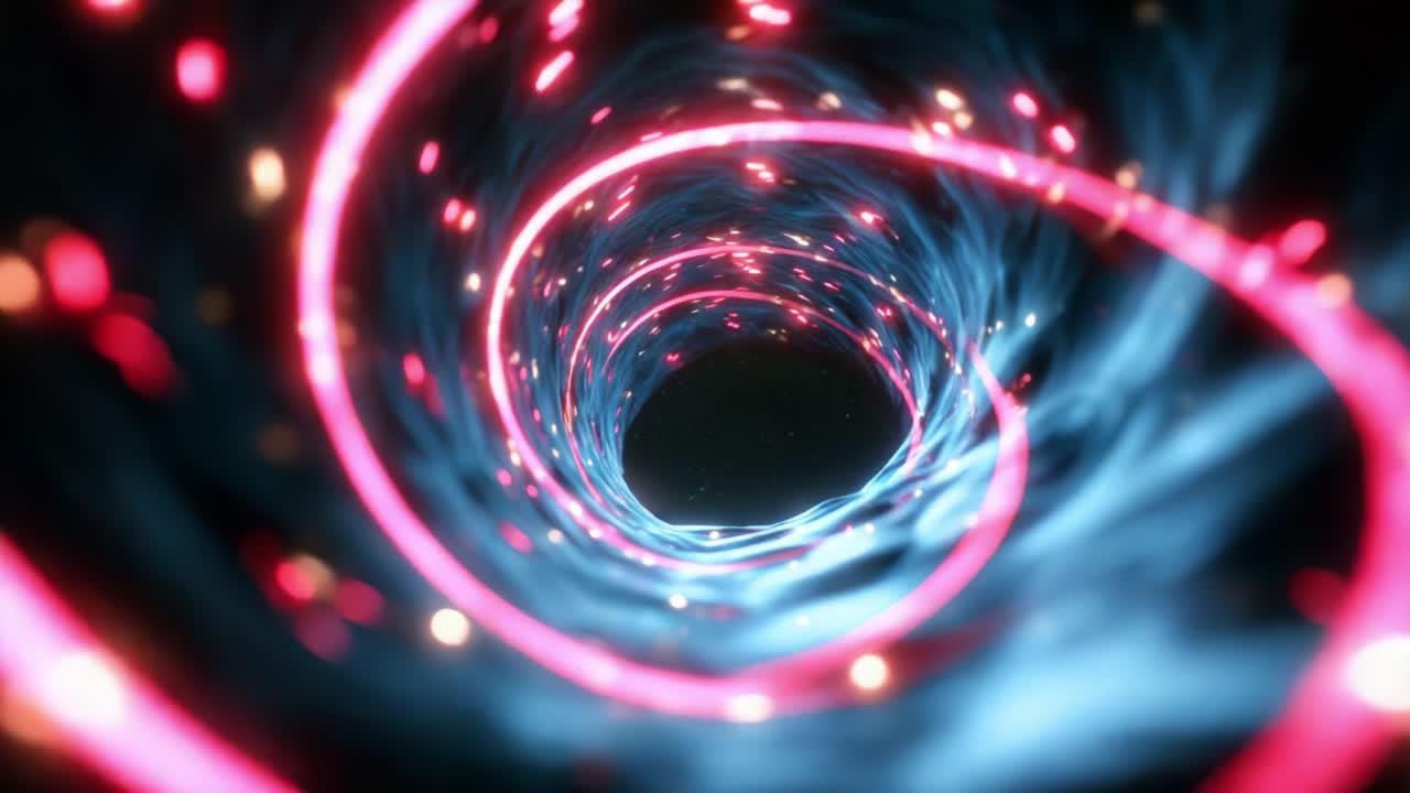 A mesmerizing visualization of a vibrant, swirling vortex, adorned with dynamic lights and colors that create a captivating illusion of depth and motion, drawing viewers into its captivating embrace