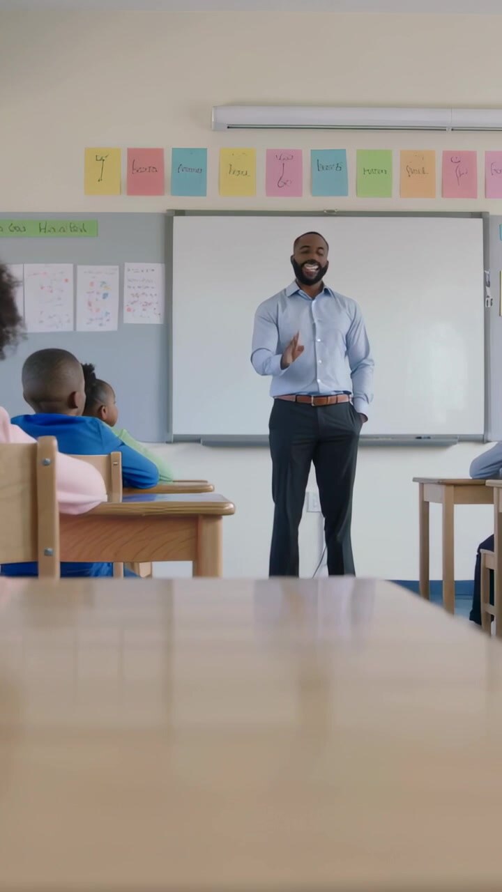 Vertical video: Door opening showing male teacher teaching kids at desks in school in blue shirt