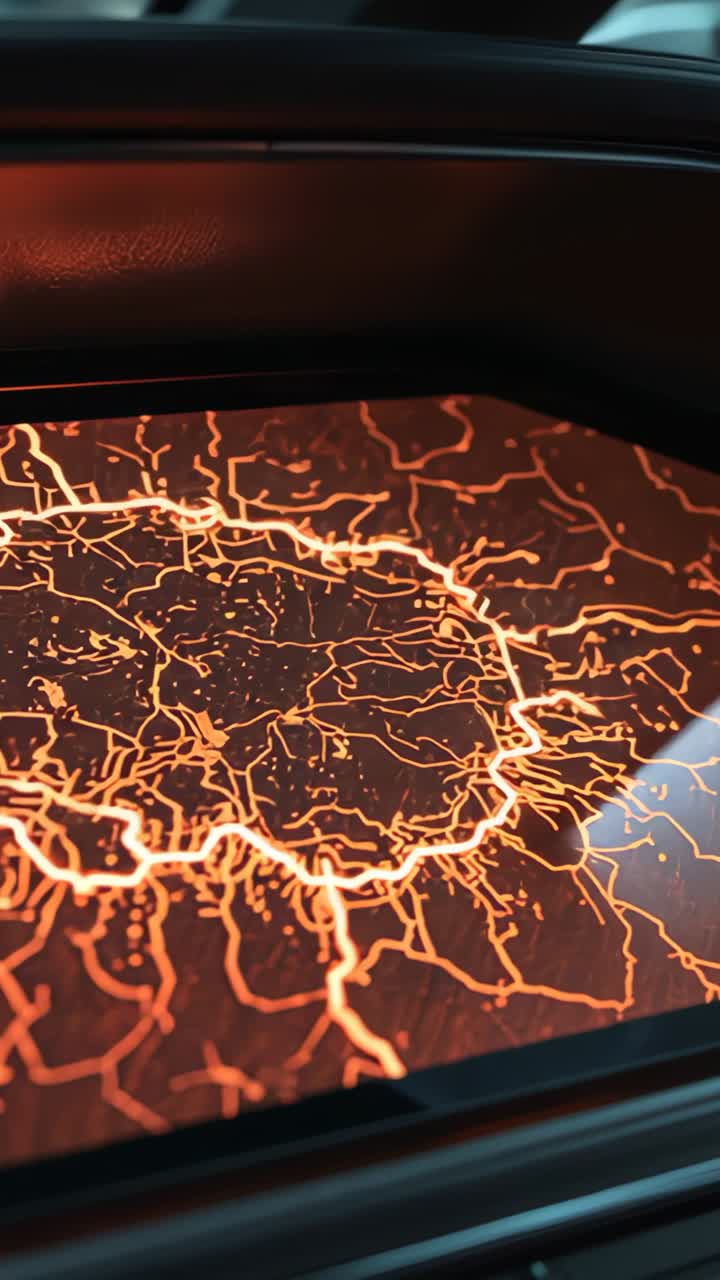 Video verticale: inclinazione della telecamera che mostra un pannello del pavimento illuminato che pulsa, rivelando una rete arancione nel bagagliaio