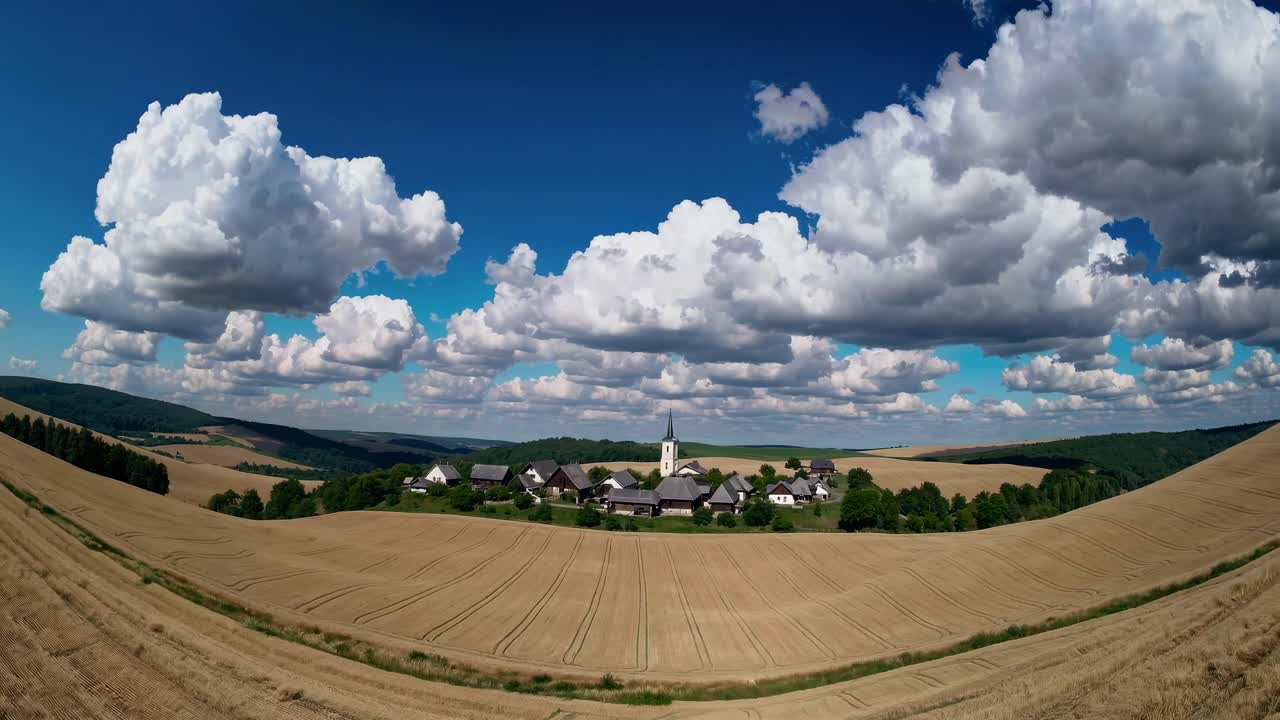 Vidvinkelbillede fra luften af en landby omgivet af store marker under en dramatisk himmel