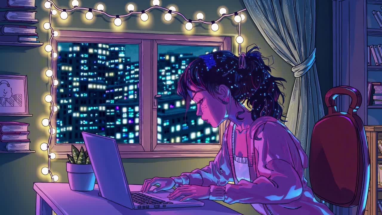 Una stanza accogliente con vista laterale di una ragazza che digita su un laptop